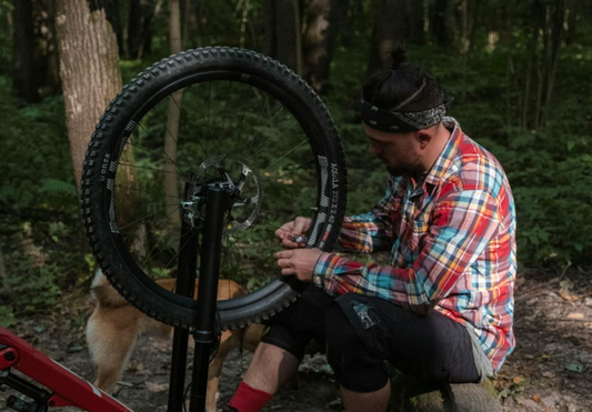 Ein Mann repariert konzentriert ein Fahrrad im Wald – umgeben von Natur, Werkzeug und einem neugierigen Hund im Hintergrund.