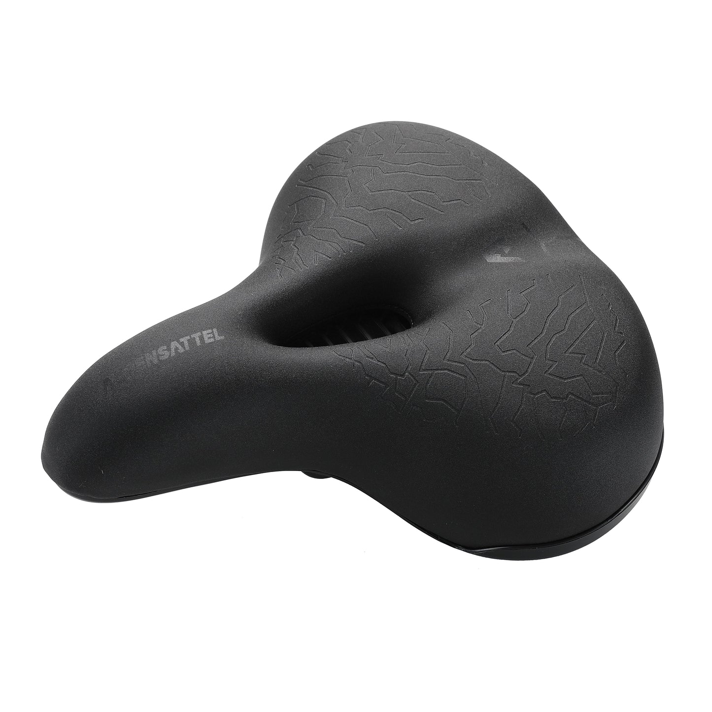 Breiter, ergonomisch geformter Fahrradsattel in Schwarz mit Komfortaussparung und strukturierter Oberfläche