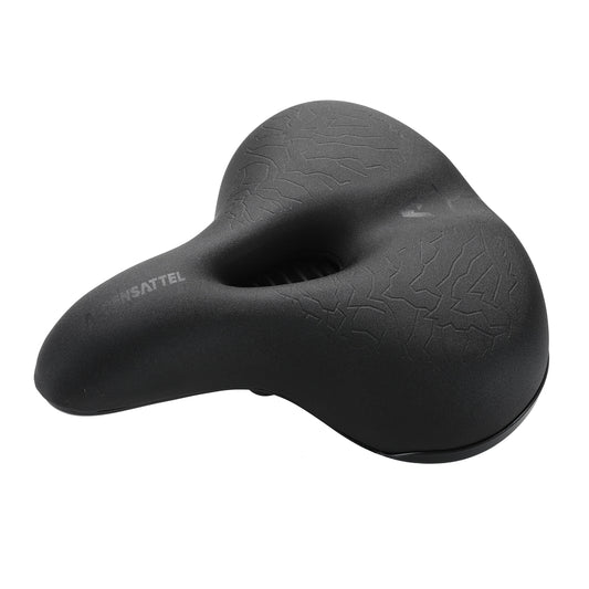 Breiter, ergonomisch geformter Fahrradsattel in Schwarz mit Komfortaussparung und strukturierter Oberfläche