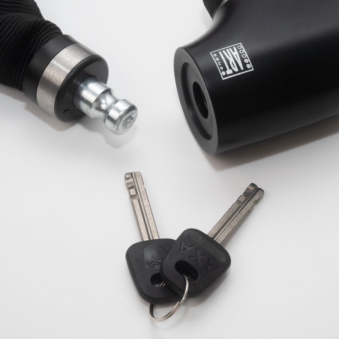 Nahaufnahme des geöffneten AXA Schlossmechanismus mit zwei danebenliegenden Schlüsseln auf weißem Hintergrund