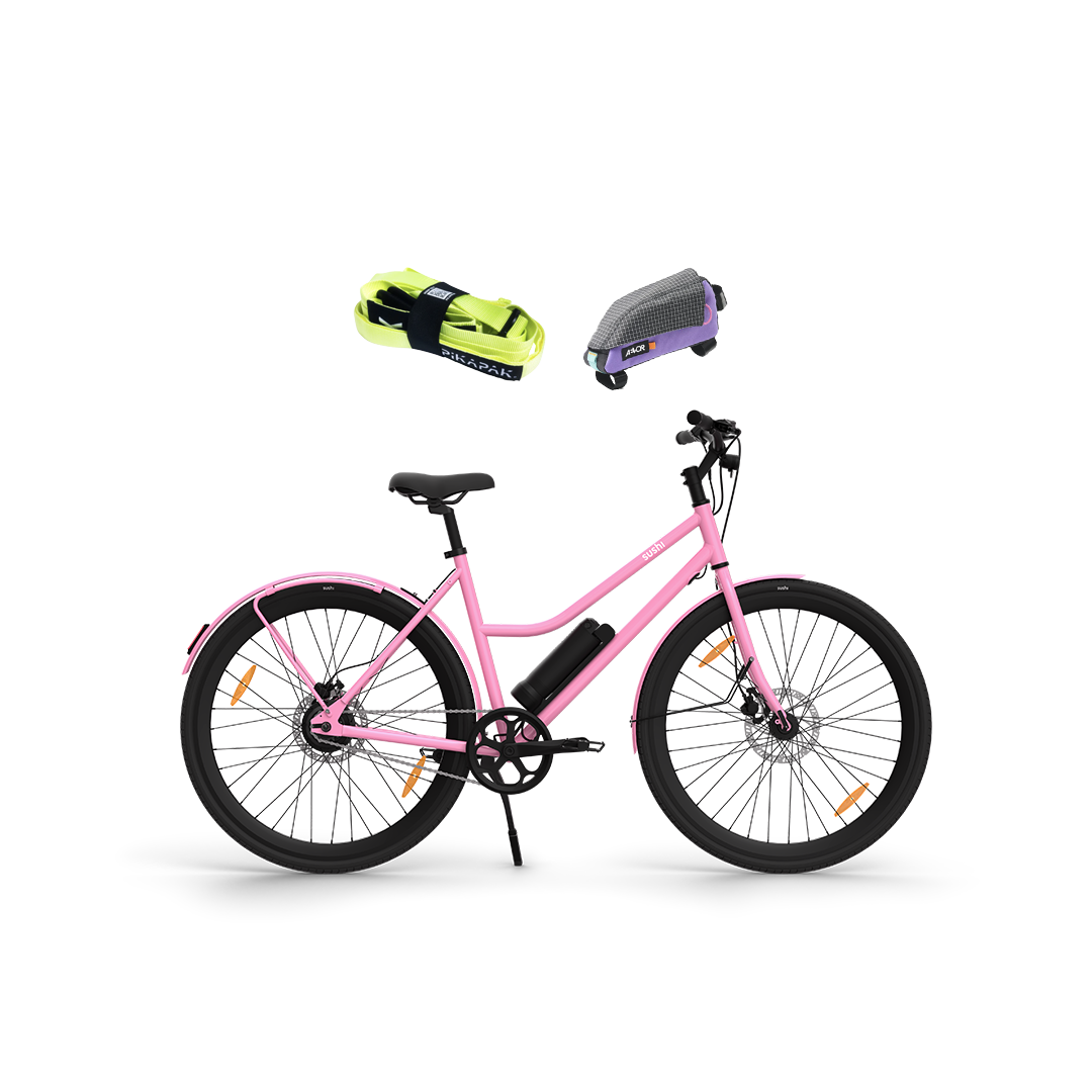 E-Bike California Roll 3.0+ in Bubblegum im Bundle mit Aevor Rahmentasche und PIKAPAK Paketrucksack