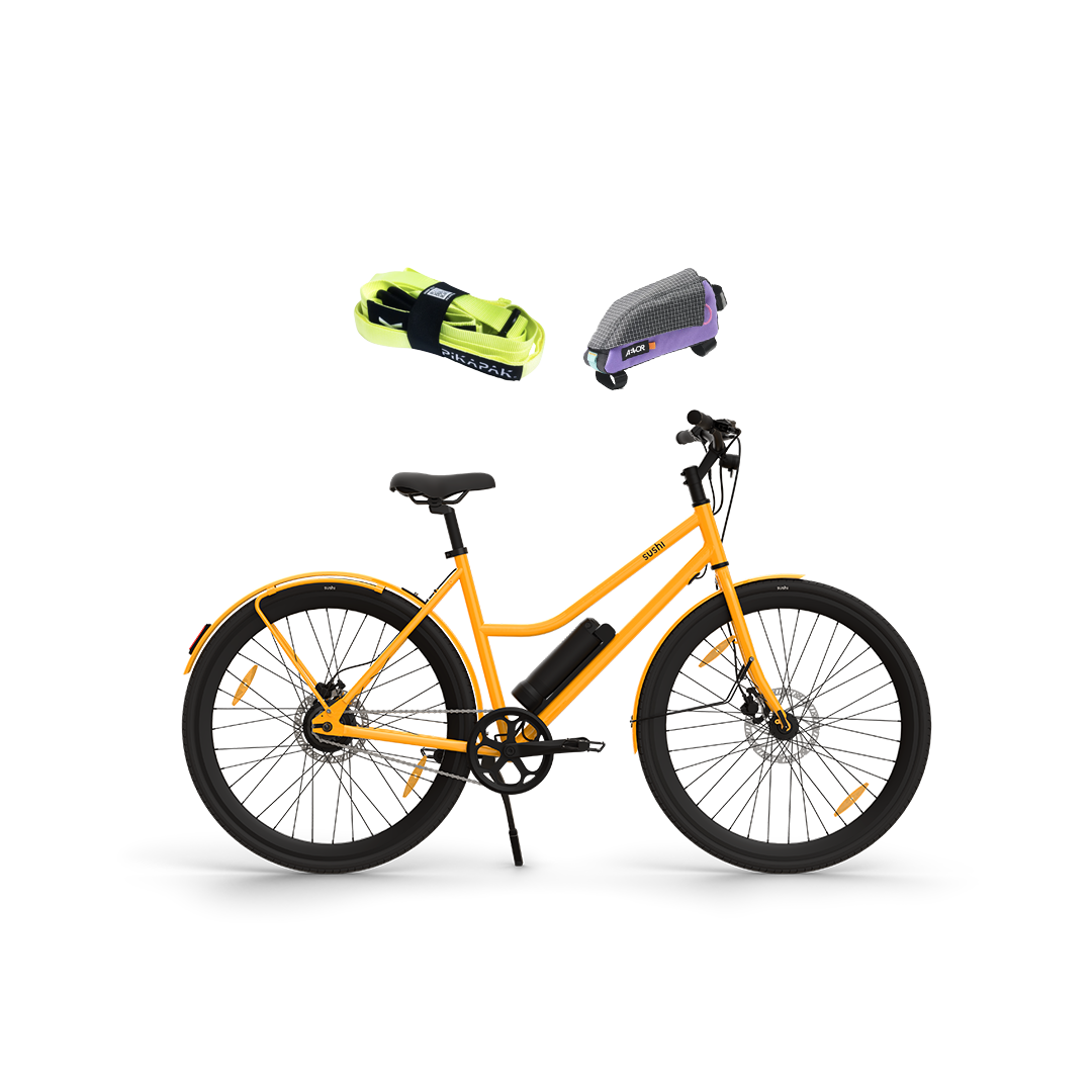 E-Bike California Roll 3.0+ in Lava im Bundle mit Aevor Rahmentasche und PIKAPAK Paketrucksack