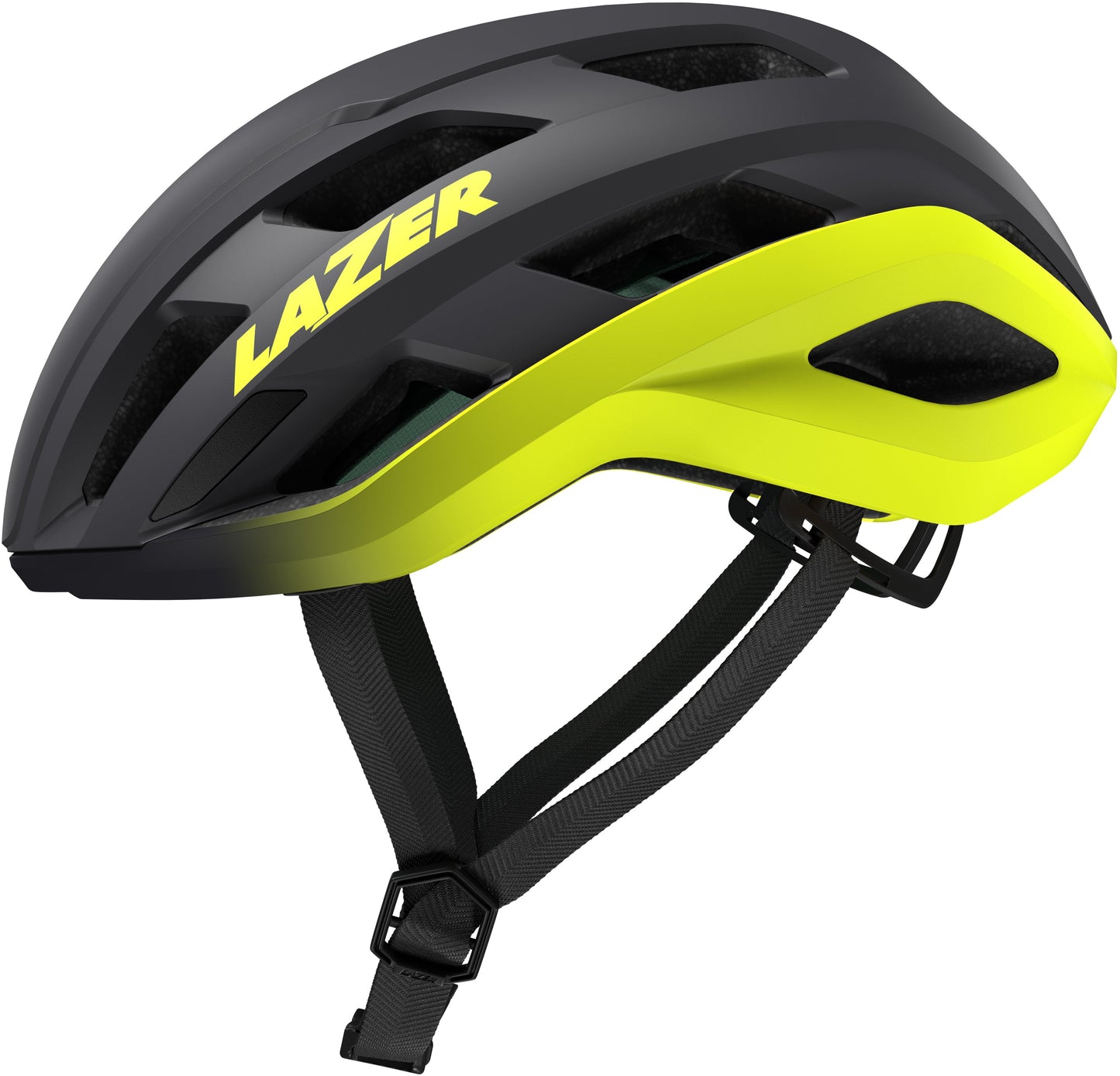 Lazer Strada KinetiCore Helm in Flash Yellow, seitlich von links gezeigt mit Belüftungsschlitzen und verstellbarem Kinnriemen