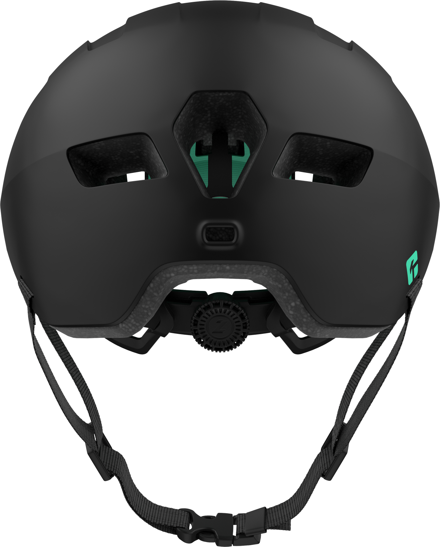 Rückseite des mattscharzen Helms mit schwarzem Verstellrädchen, Lüftungsöffnungen und KinetiCore-Symbol
