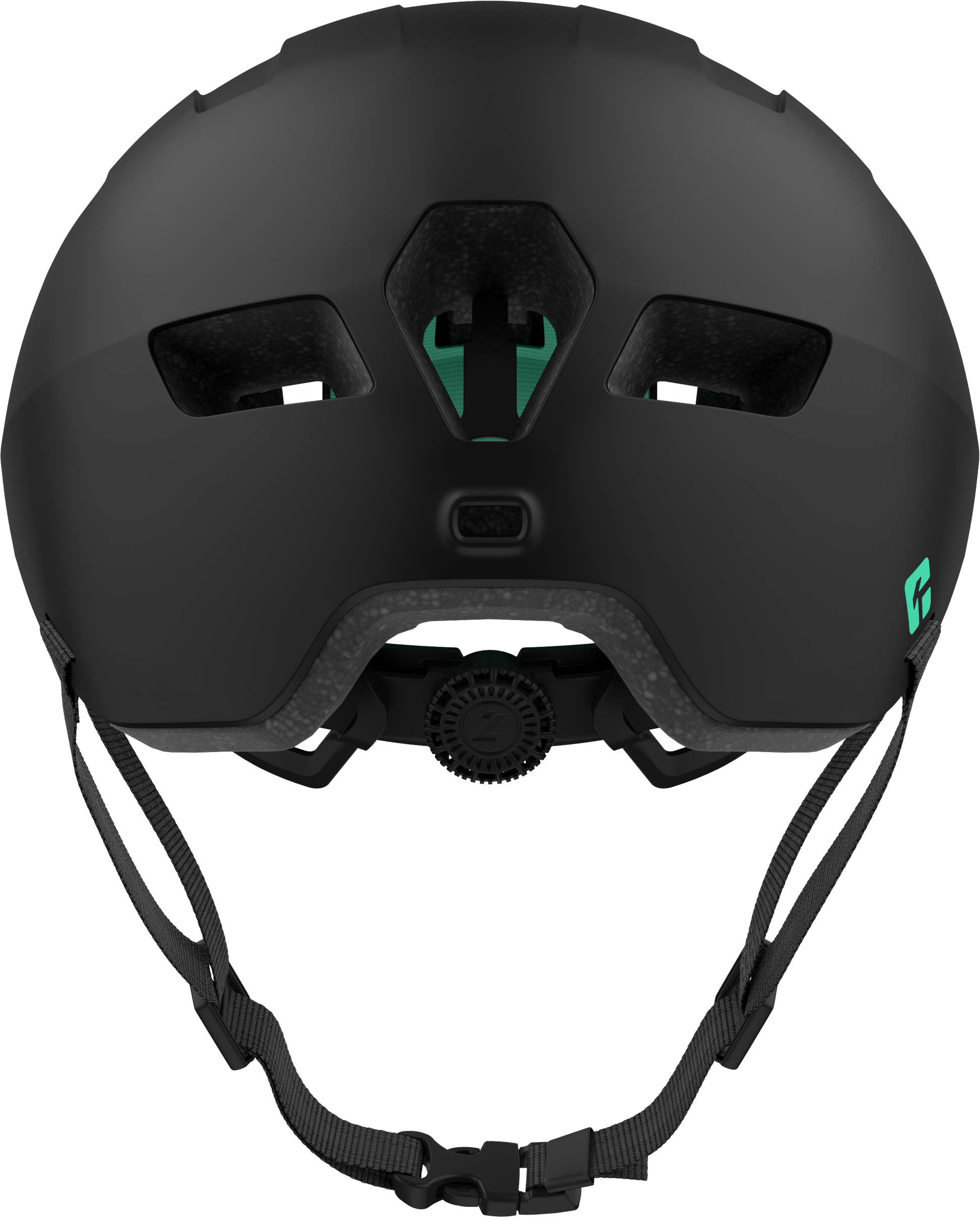 Rückseite des mattscharzen Helms mit schwarzem Verstellrädchen, Lüftungsöffnungen und KinetiCore-Symbol