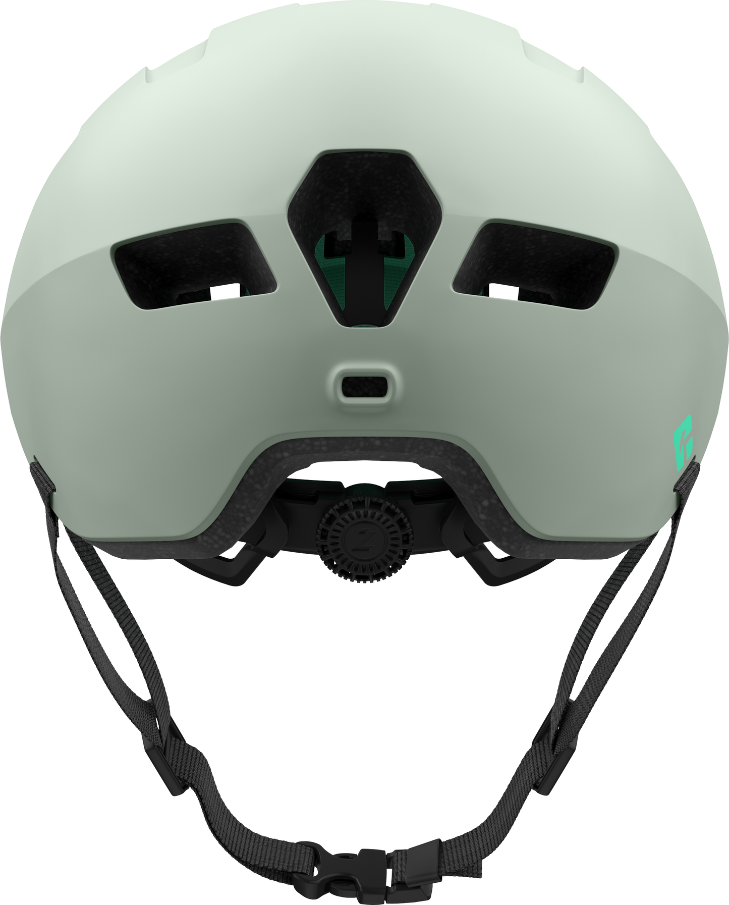 Rückseite des mattgrünen Helms mit schwarzem Verstellrädchen, Lüftungsöffnungen und KinetiCore-Symbol