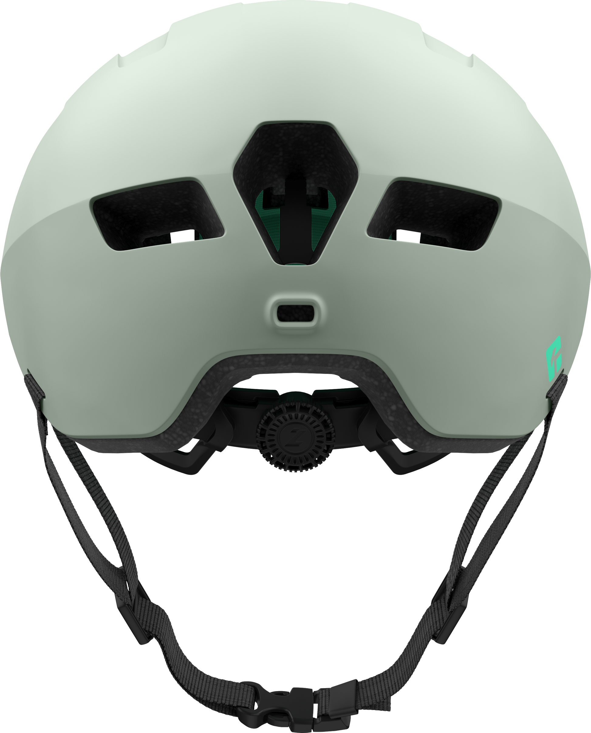 Rückseite des mattgrünen Helms mit schwarzem Verstellrädchen, Lüftungsöffnungen und KinetiCore-Symbol