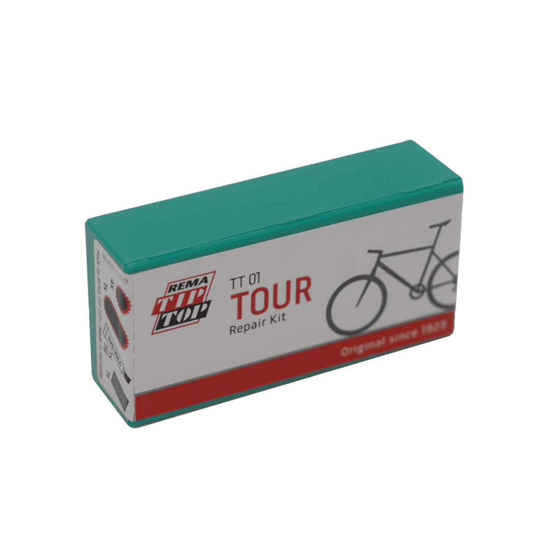 Verpackung des Repair Kit bestehend aus Flicken, Vulkanisierlösung und Sandpapier