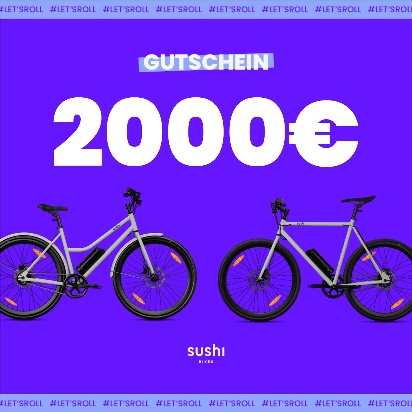 Lila Grafik mit zwei SUSHI BIKES und weißem Schriftzug „Gutschein 2000€“ in Großbuchstaben, darunter SUSHI BIKES Logo