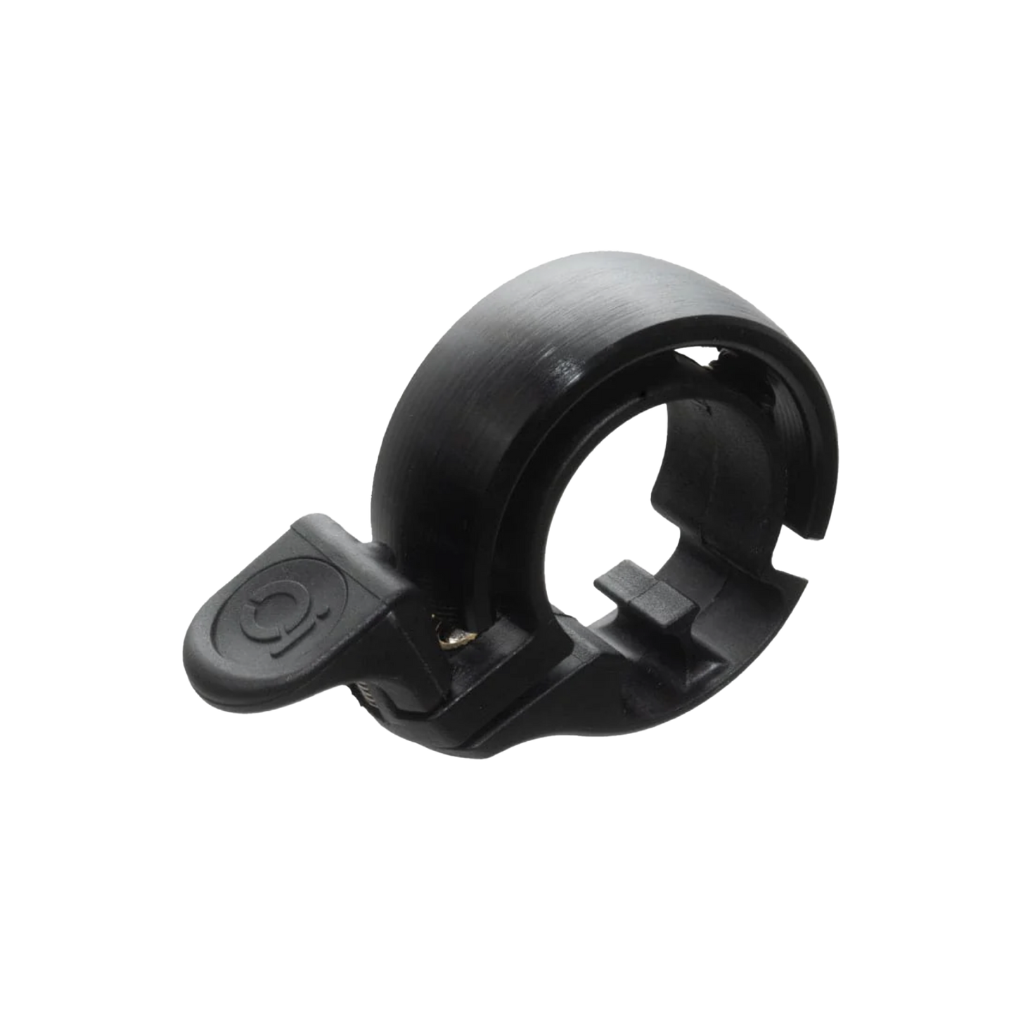Schwarze Knog Oi Classic Fahrradklingel mit ringförmigem Design, strukturierter Oberfläche und Hebel mit Logo
