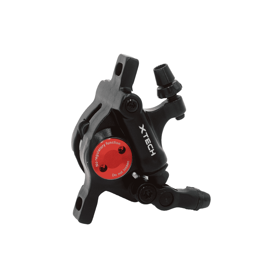 Schwarzer -hydraulischer Bremssattel mit rotem Aufdruck „No regulatory function – Do not loosen“, geeignet zum Nachrüsten am SUSHI BIKE mit mechanischen Bremshebeln