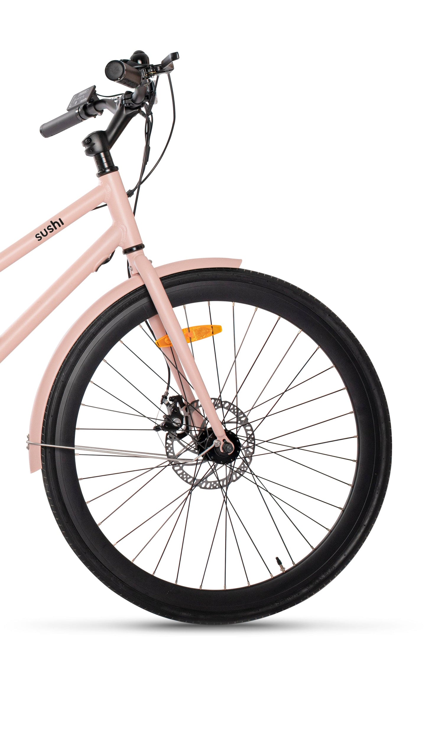 Vorderrad am rosafarbenen California Roll der ersten Generation mit Schutzblech und reflektierendem Katzenauge