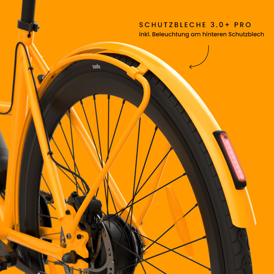 California Roll 3.0+ Lava mit Fokus auf das hintere Schutzblech 3.0+ Pro mit integriertem LED-Rücklicht