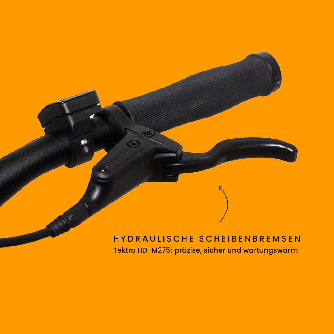 California Roll 3.0+ Lava, Detailaufnahme des Bremshebels mit hydraulischer Scheibenbremse Tektro HD-M275