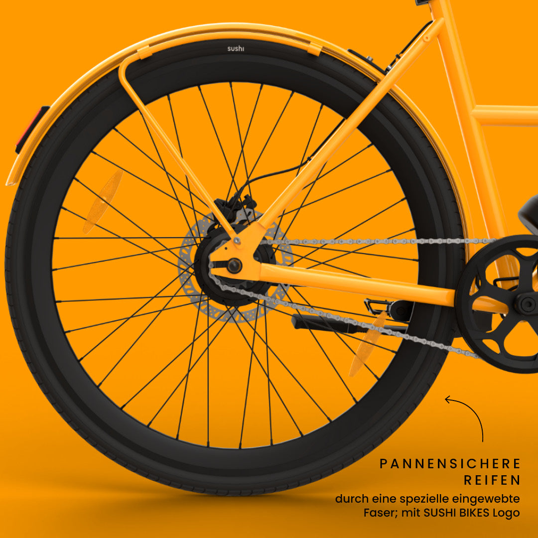 California Roll 3.0+ Lava, Fokus auf pannensichere Reifen und schwarze Felgen mit eingewebter Schutzfaser