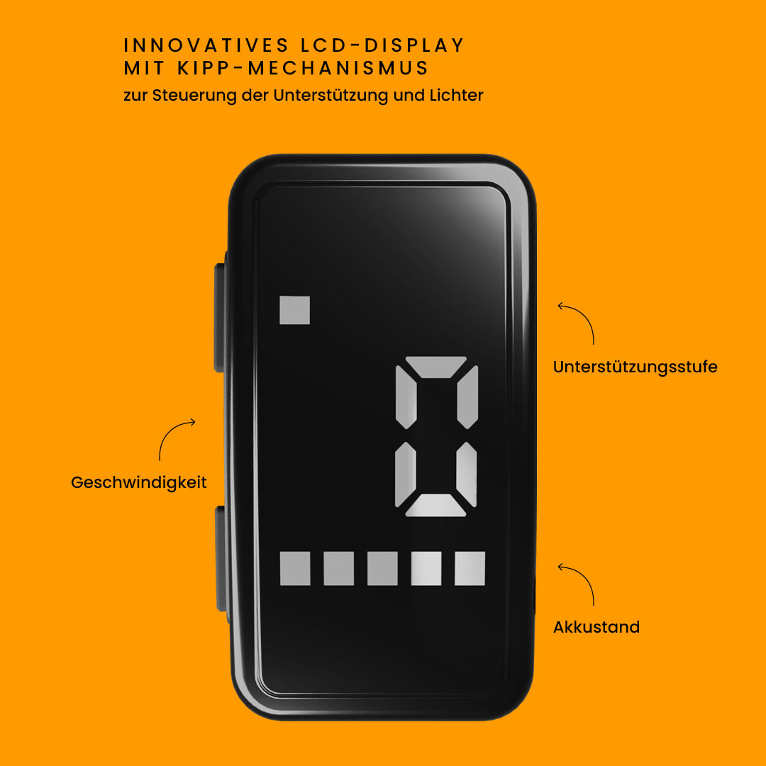 Maki 3.0+ Lava: LCD-Display mit Kipp-Mechanismus zur Steuerung der Unterstützungsstufe, Anzeige von Tempo und Akkustand