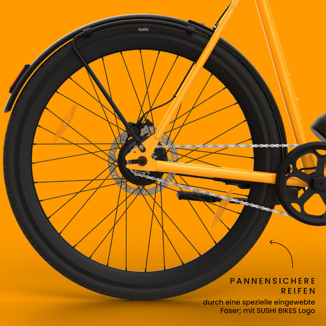 Maki 3.0+ Lava, Fokus auf pannensichere Reifen und schwarze Felgen mit eingewebter Schutzfaser