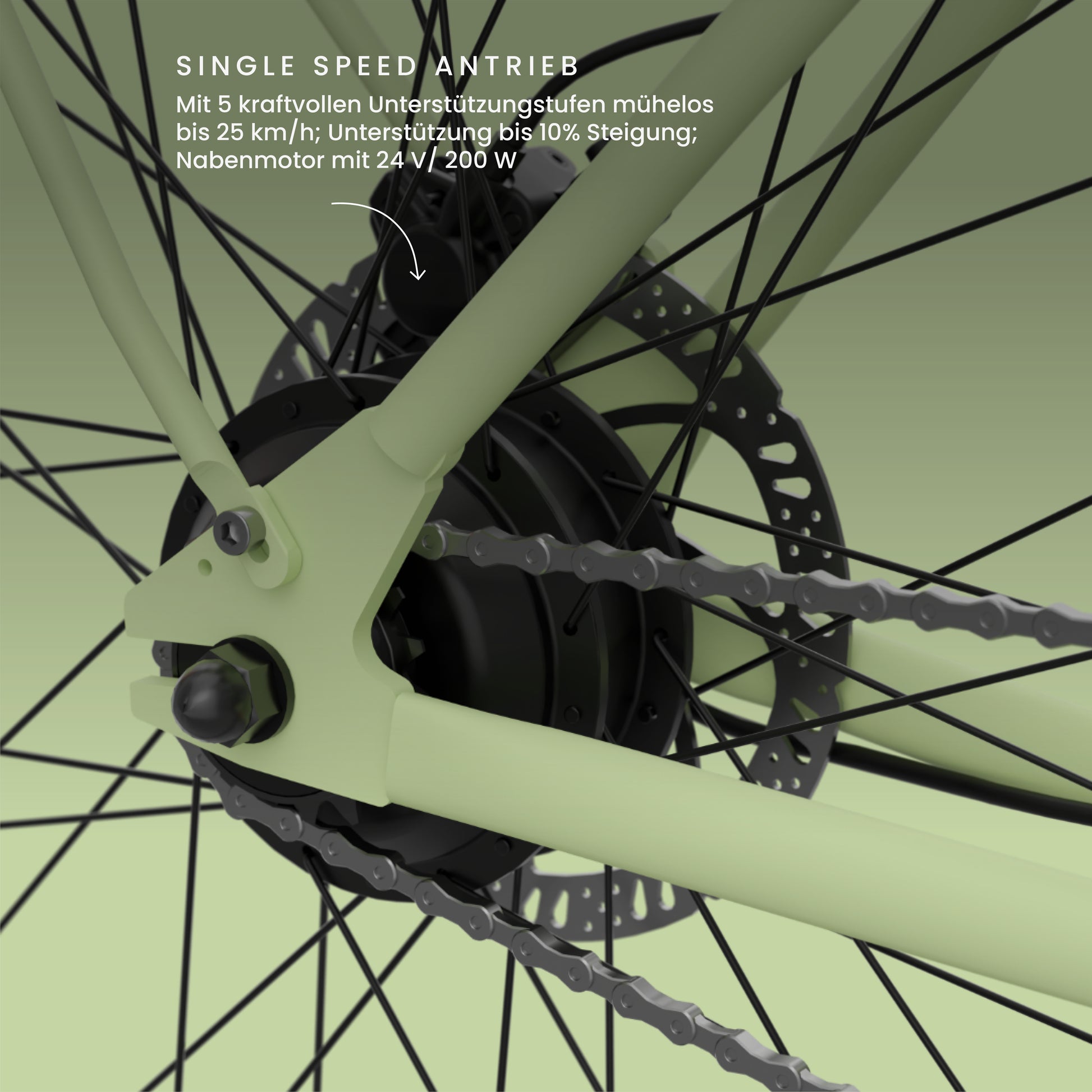 Maki 3.0+ Matcha mit Hinterradnabenmotor und wartungsarmen Single-Speed-Antrieb