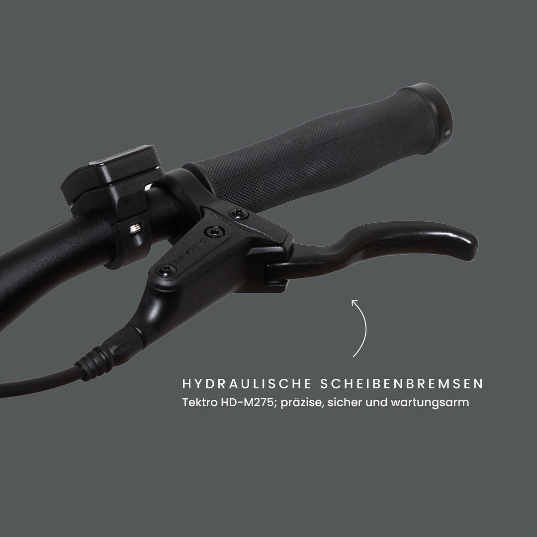 California Roll 3.0+ Black: Detailaufnahme des Bremshebels mit hydraulischer Scheibenbremse Tektro HD-M275