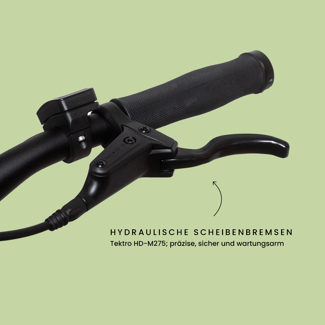 California Roll 3.0+ Matcha Detailaufnahme des Bremshebels mit hydraulischer Scheibenbremse Tektro HD-M275