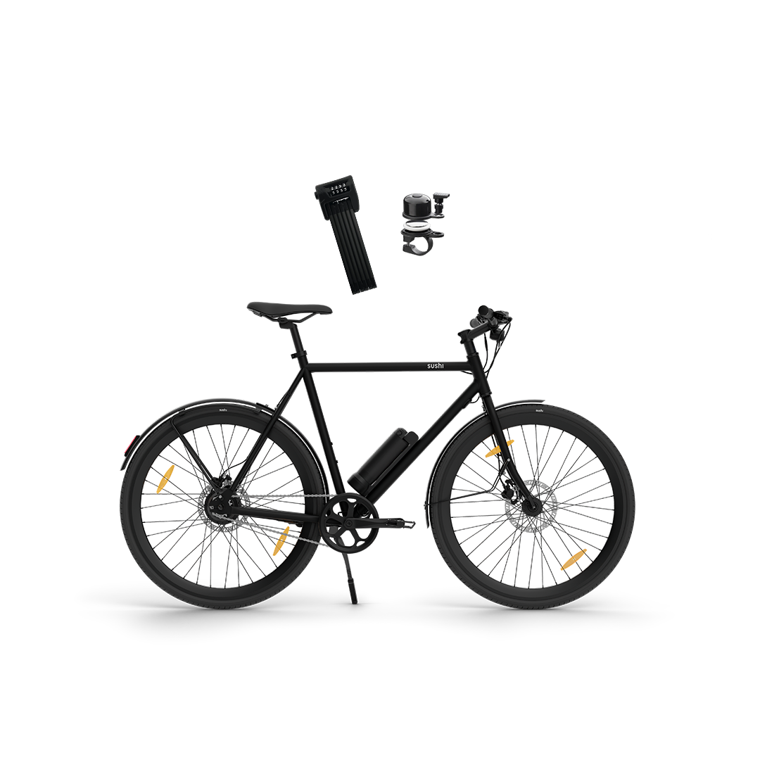 E-Bike Maki 3.0+ in Schwarz mit ABUS Faltschloss und Airbell-Klingel im Safety Bundle