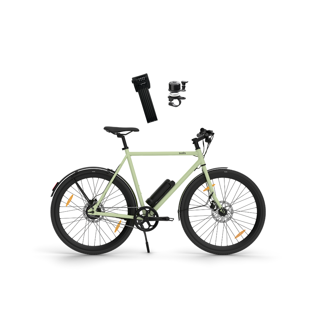 E-Bike Maki 3.0+ in Matcha mit ABUS Faltschloss und Airbell-Klingel im Safety Bundle