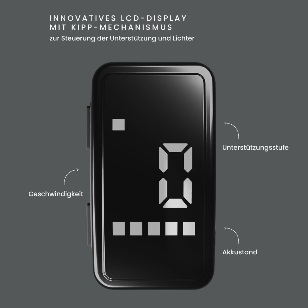 California Roll 3.0+ Black: LCD-Display mit Kipp-Mechanismus zur Steuerung der Unterstützungsstufe, Anzeige von Tempo und Akkustand