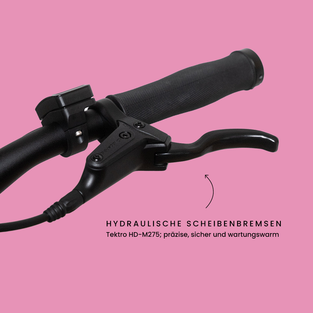 California Roll 3.0+ Bubblegum, Detailaufnahme des Bremshebels mit hydraulischer Scheibenbremse Tektro HD-M275