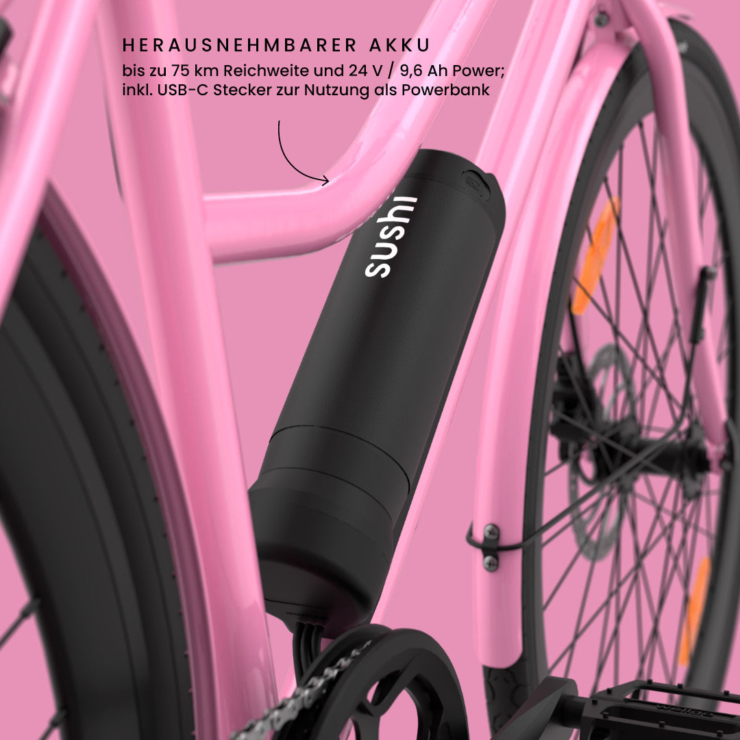 California Roll 3.0+ Bubblegum: Fokus auf herausnehmbarem Akku mit bis zu 75 km Reichweite und USB-C-Anschluss zur Nutzung als Powerbank