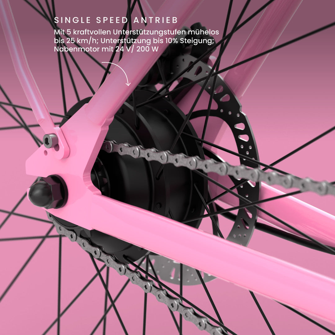 California Roll 3.0+ Bubblegum: Fokus auf den Hinterradnabenmotor und wartungsfreien Single-Speed-Antrieb