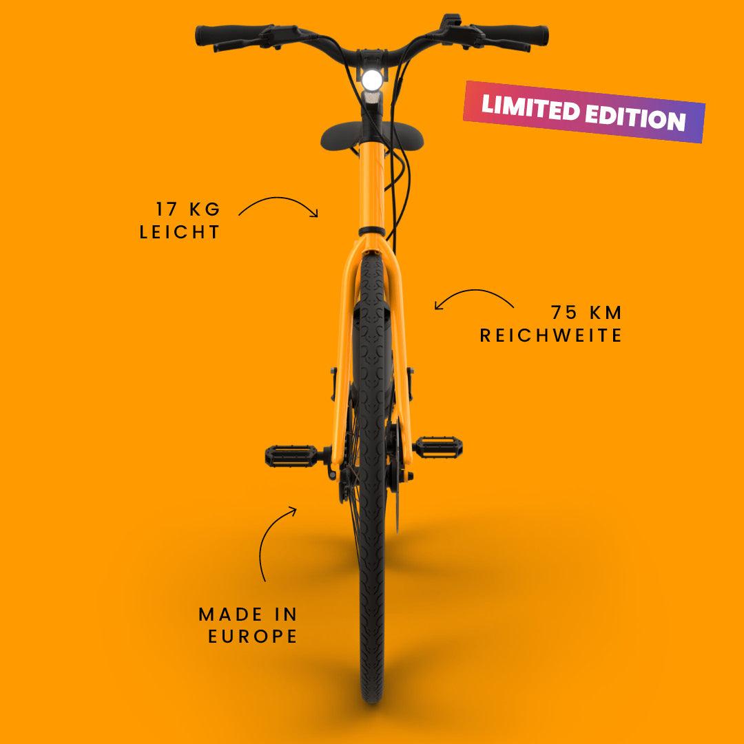 California Roll 3.0+ Lava, mit Hinweis auf 17 kg Gewicht, 75 km Reichweite und Herstellung in Europa