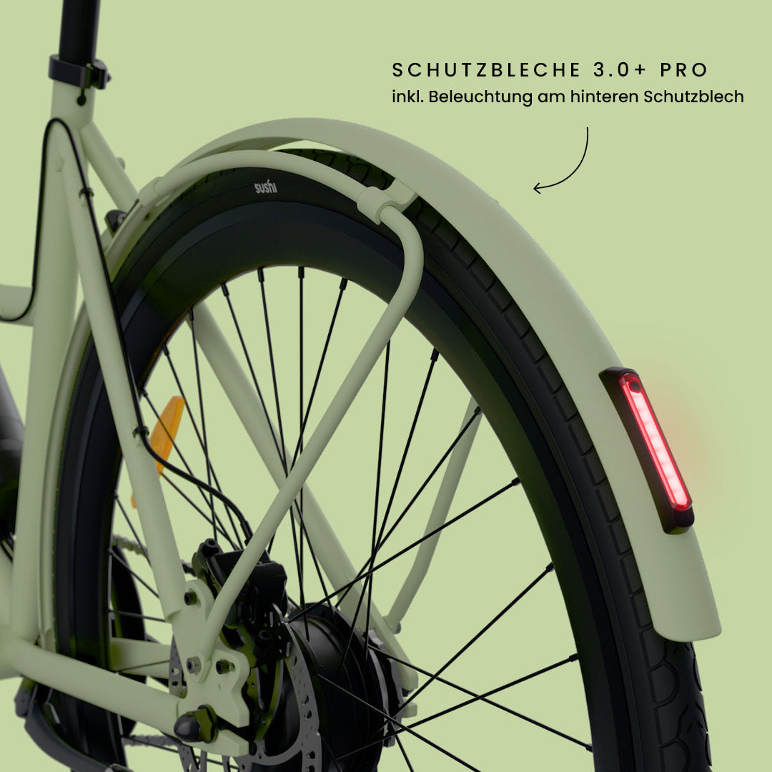 California Roll 3.0+ Matcha mit Fokus auf das hintere Schutzblech 3.0+ Pro mit integriertem LED-Rücklicht