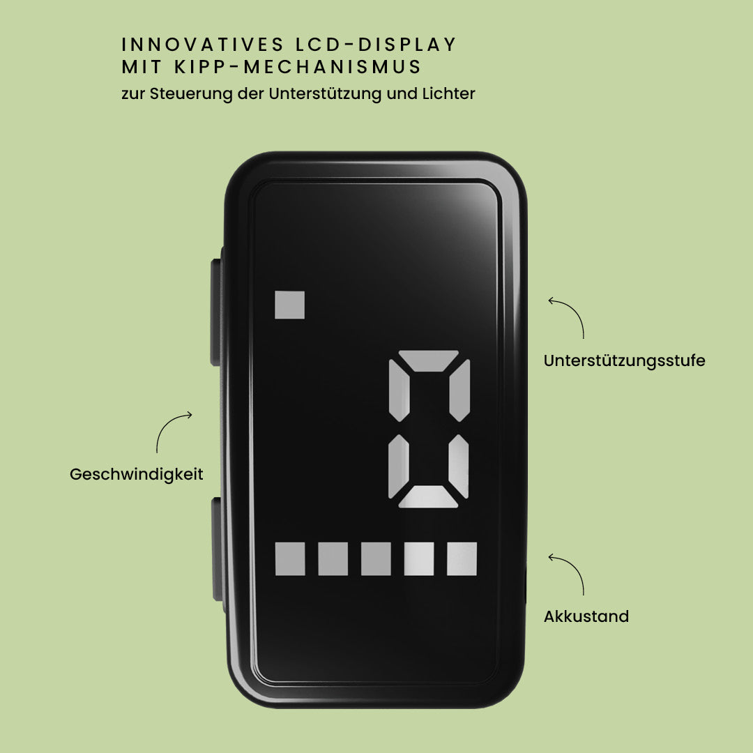 California Roll 3.0+ Matcha: LCD-Display mit Kipp-Mechanismus zur Steuerung der Unterstützungsstufe, Anzeige von Tempo und Akkustand