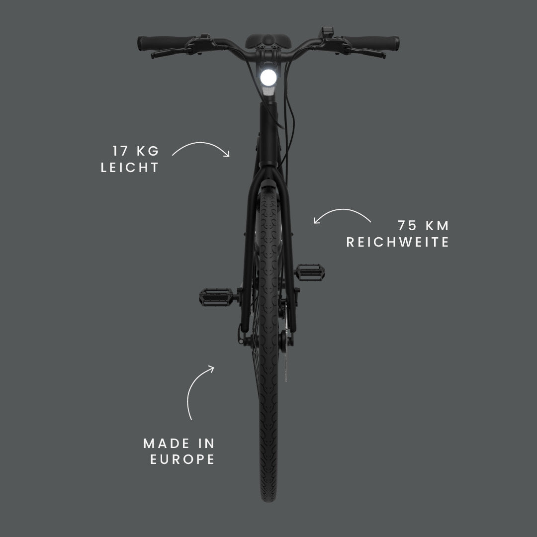 Maki 3.0+ Black von vorne, mit Hinweis auf 17 kg Gewicht, 75 km Reichweite und Herstellung in Europa