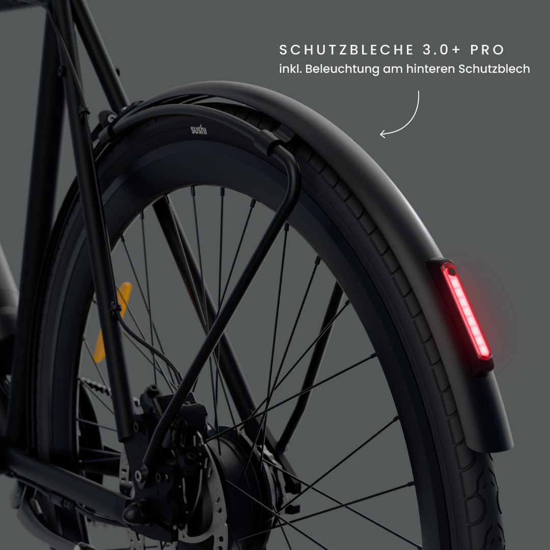 Maki 3.0+ Black mit Fokus auf das hintere Schutzblech 3.0+ Pro mit integriertem LED-Rücklicht