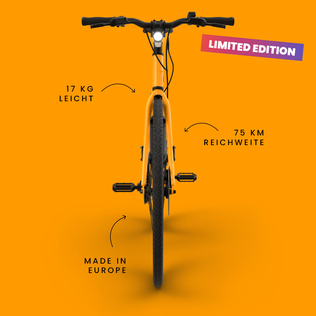 Maki 3.0+ Lava von vorne, mit Hinweis auf 17 kg Gewicht, 75 km Reichweite und Herstellung in Europa