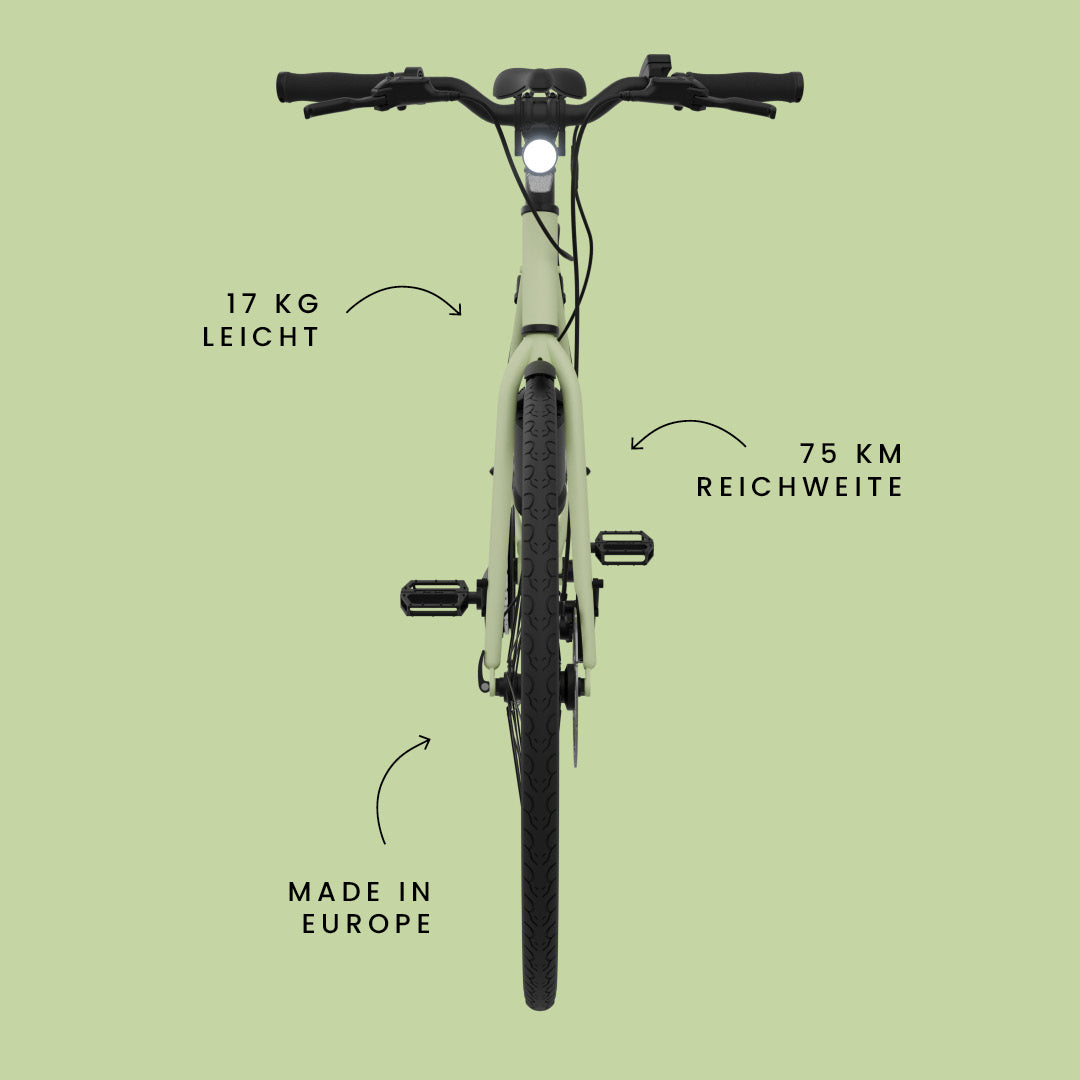Maki 3.0+ Matcha von vorne, mit Hinweis auf 17 kg Gewicht, 75 km Reichweite und Herstellung in Europa