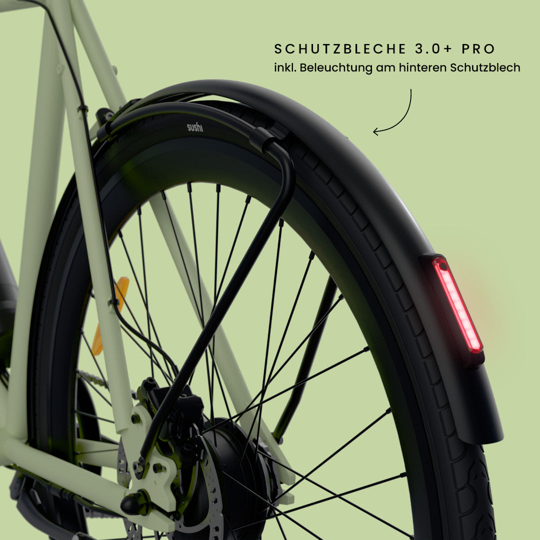 Maki 3.0+ Matcha mit Fokus auf das hintere Schutzblech 3.0+ Pro mit integriertem LED-Rücklicht