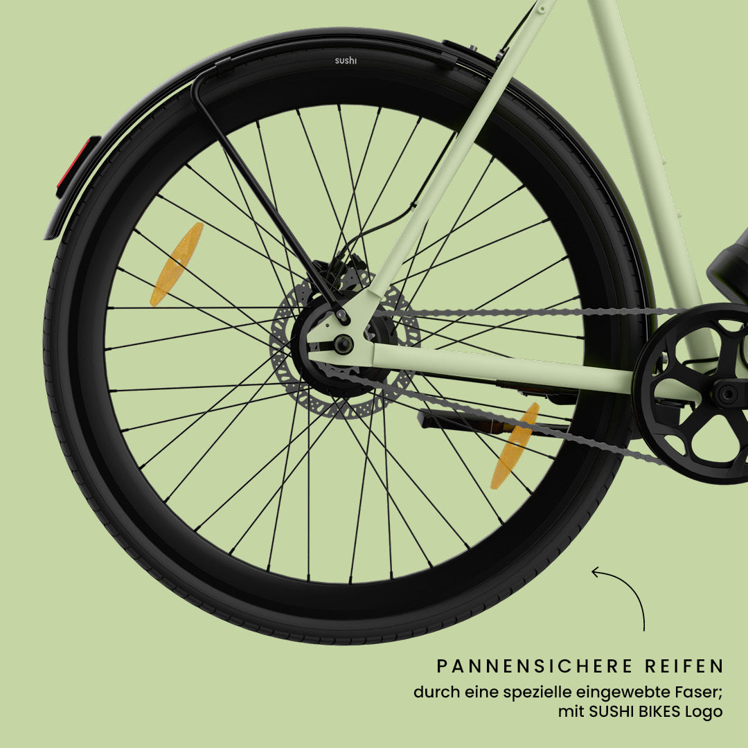 Maki 3.0+ Matcha pannensichere Reifen und schwarze Felgen mit eingewebter Schutzfaser