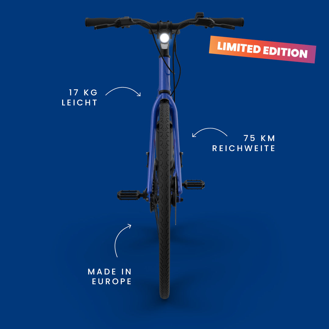 Maki 3.0+ Ocean Drive von vorne, mit Hinweis auf 17 kg Gewicht, 75 km Reichweite und Herstellung in Europa