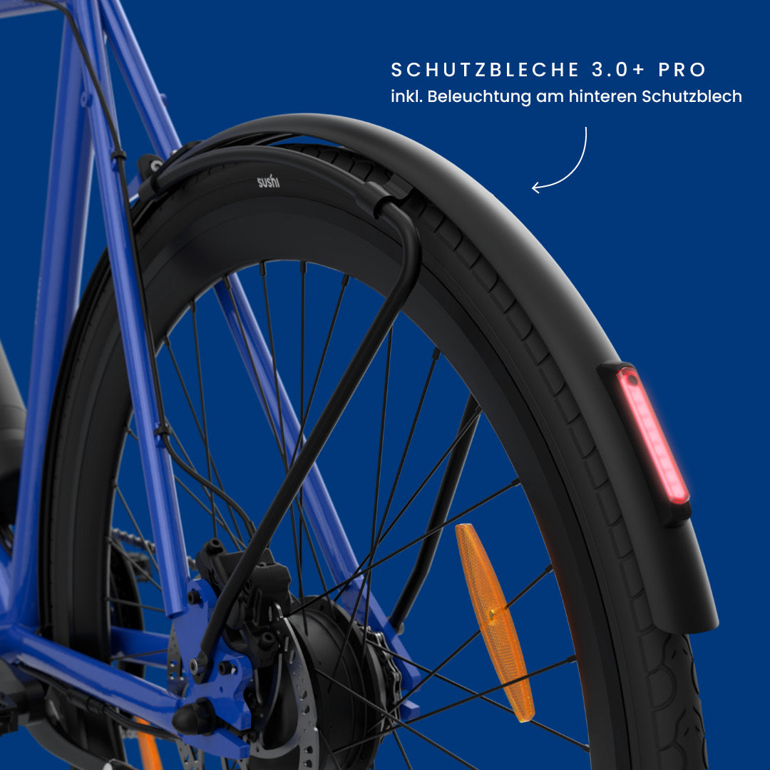 Maki 3.0+ Ocean Drive mit Fokus auf das hintere Schutzblech 3.0+ Pro mit integriertem LED-Rücklicht