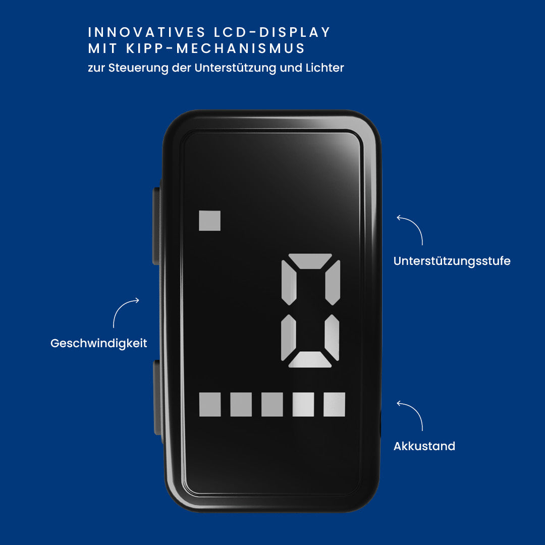 Maki 3.0+ Ocean Drive: LCD-Display mit Kipp-Mechanismus zur Steuerung der Unterstützungsstufe, Anzeige von Tempo und Akkustand