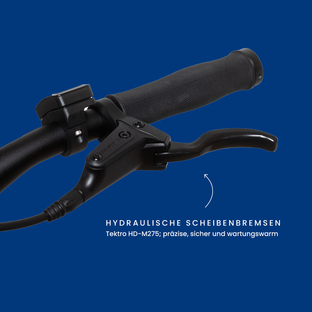 Maki 3.0+ Ocean Drive, Detailaufnahme des Bremshebels mit hydraulischer Scheibenbremse Tektro HD-M275