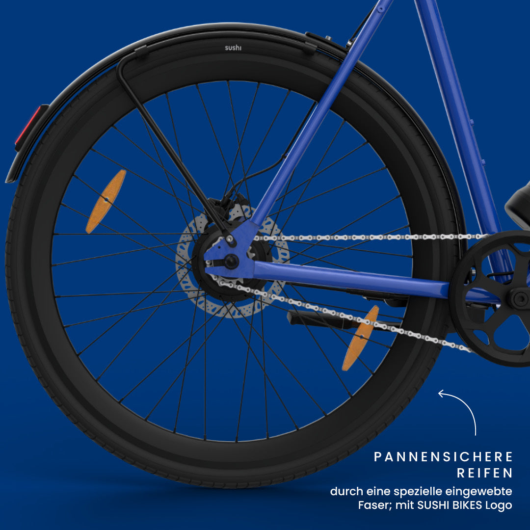 Maki 3.0+ Ocean Drive, Fokus auf pannensichere Reifen und schwarze Felgen mit eingewebter Schutzfaser