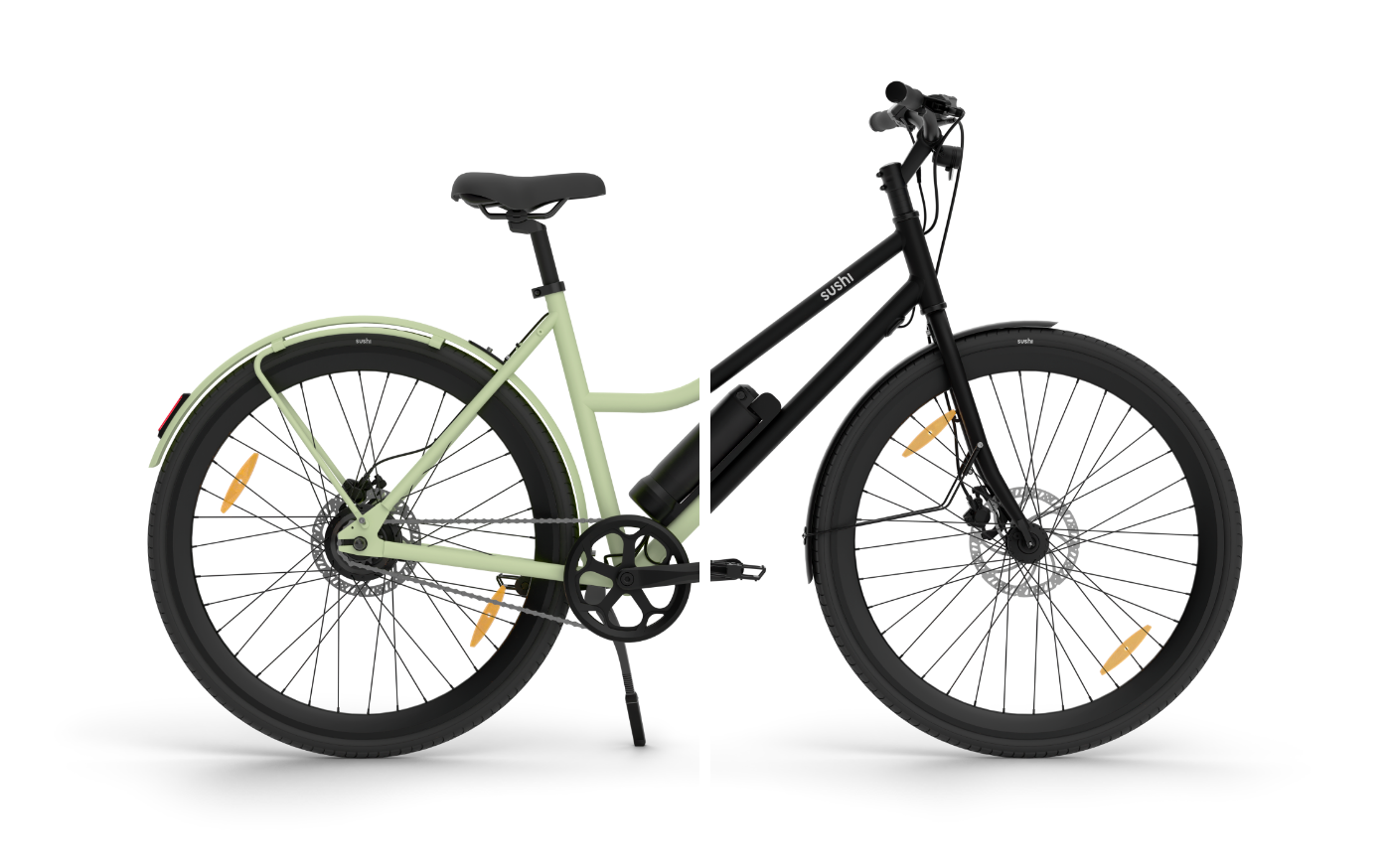 Freigestelltes E-Bike California Roll 3.0+ von SUSHI BIKES mit halbiertem Rahmen in den Farben Matcha-Grün und Black-Schwarz