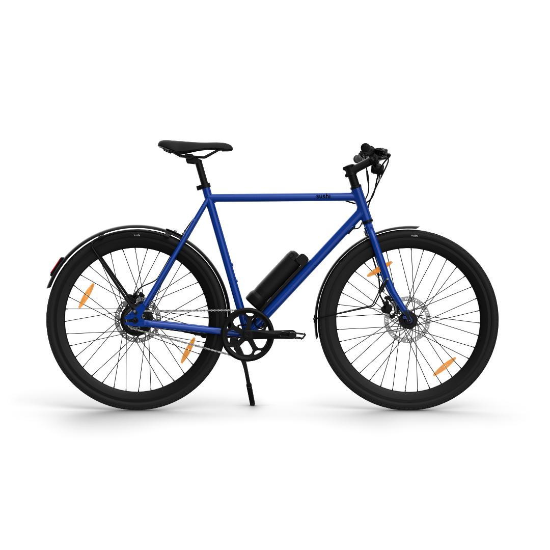 Maki 3.0+ Ocean Drive von vorne, mit Hinweis auf 17 kg Gewicht, 75 km Reichweite und Herstellung in Europa