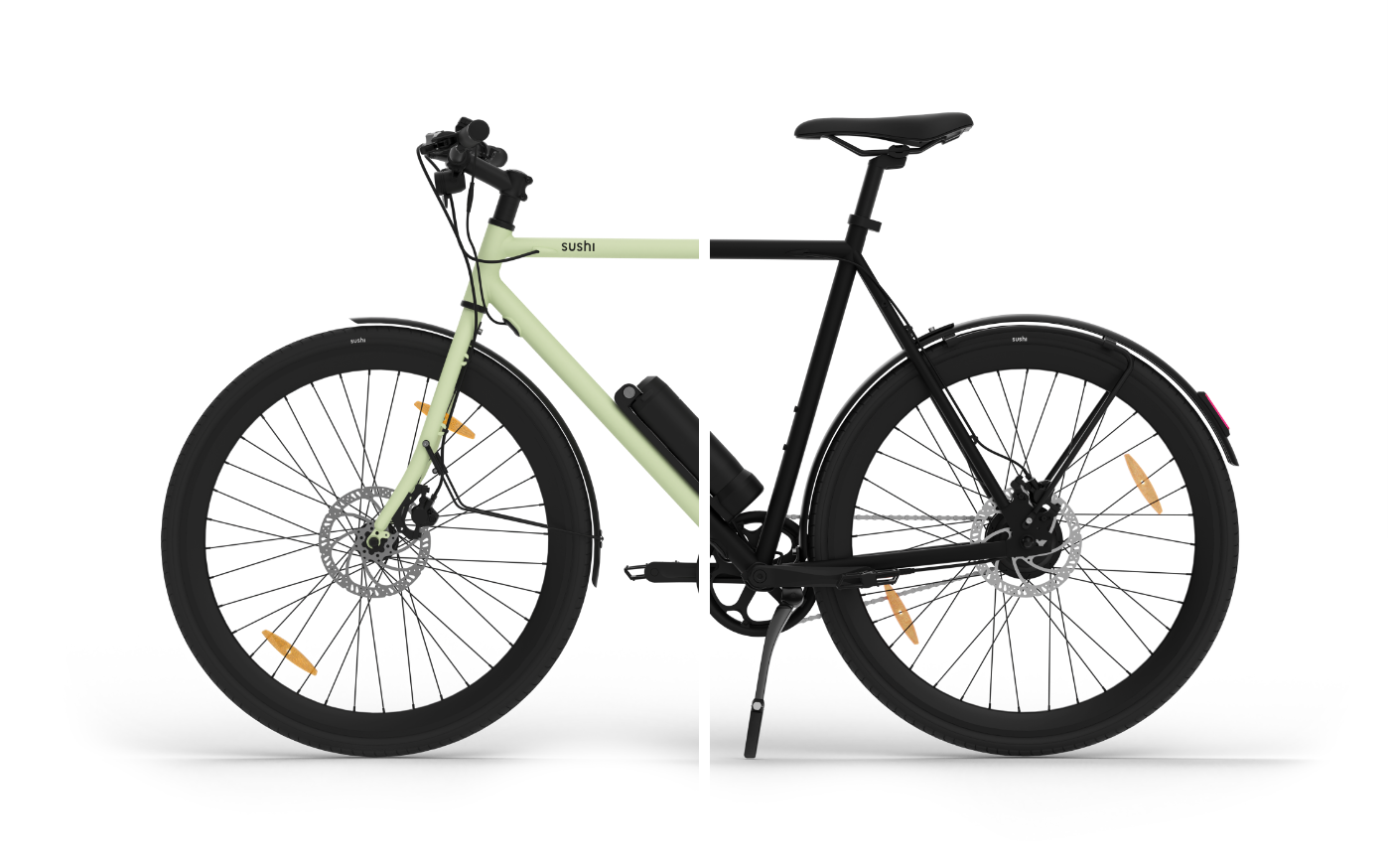 Freigestelltes E-Bike Maki 3.0+ von SUSHI BIKES mit halbiertem Rahmen in den Farben Matcha-Grün und Black-Schwarz