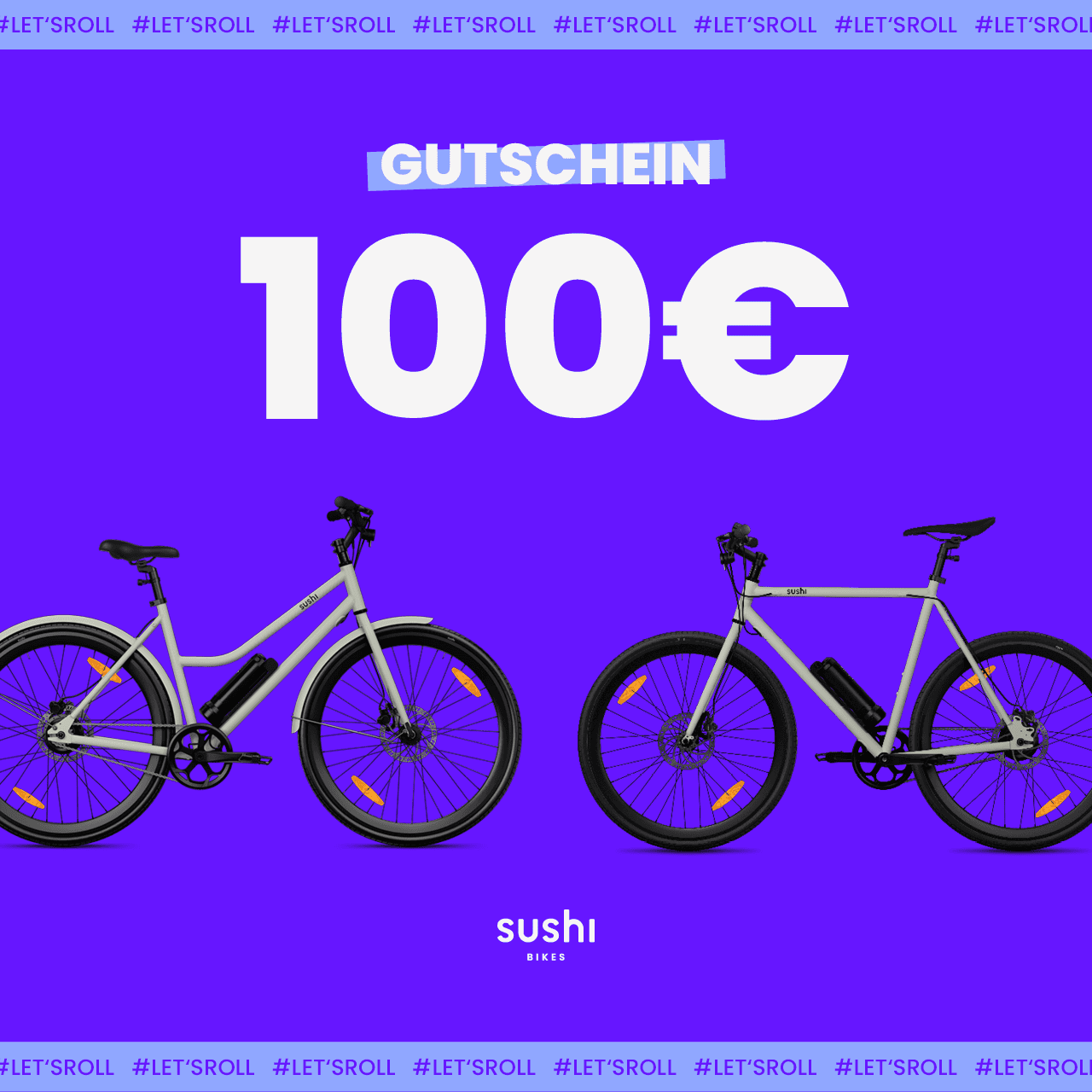 Lila Grafik mit zwei SUSHI BIKES und weißem Schriftzug „Gutschein 100€“ in Großbuchstaben, darunter SUSHI BIKES Logo