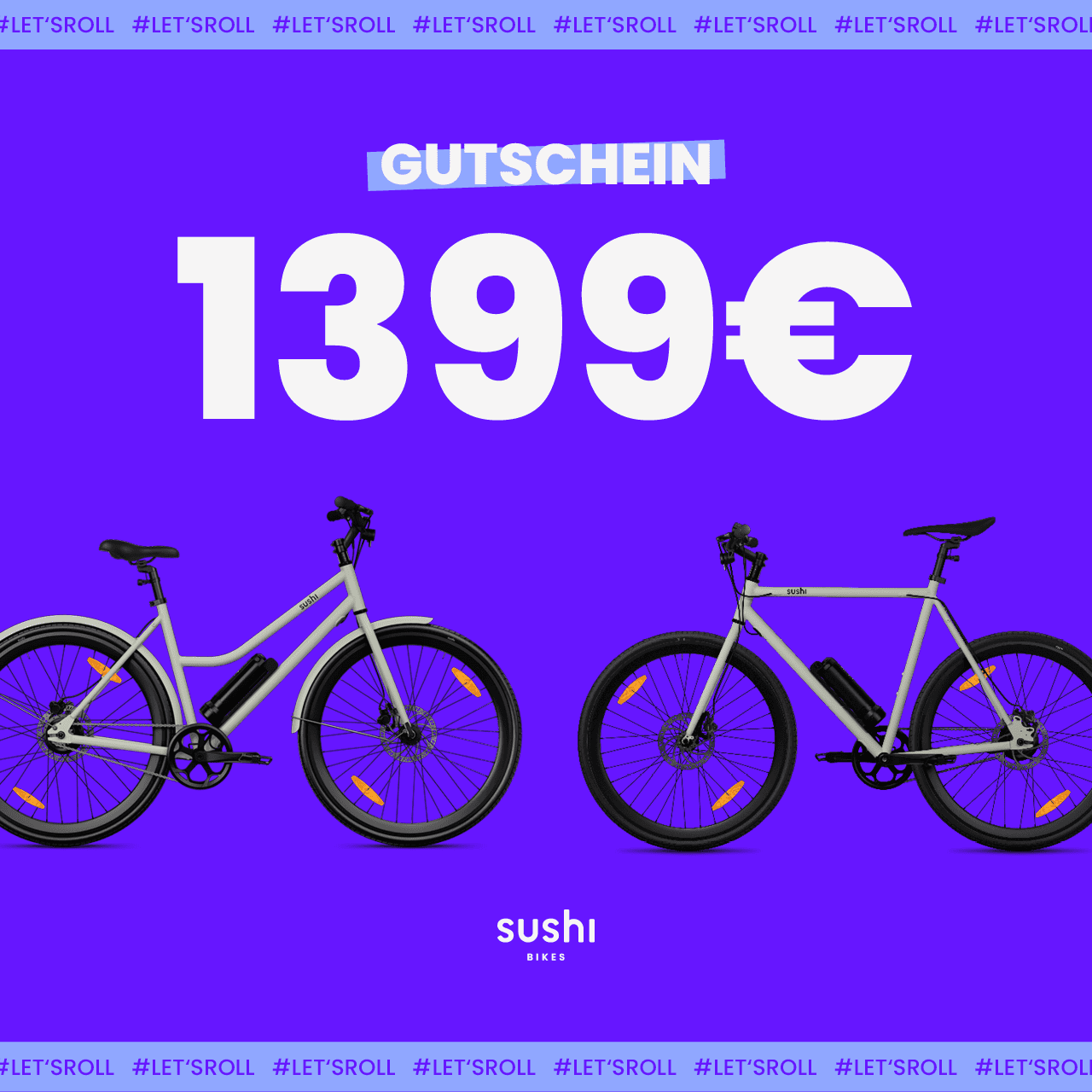 Lila Grafik mit zwei SUSHI BIKES und weißem Schriftzug „Gutschein 1399€“ in Großbuchstaben, darunter SUSHI BIKES Logo