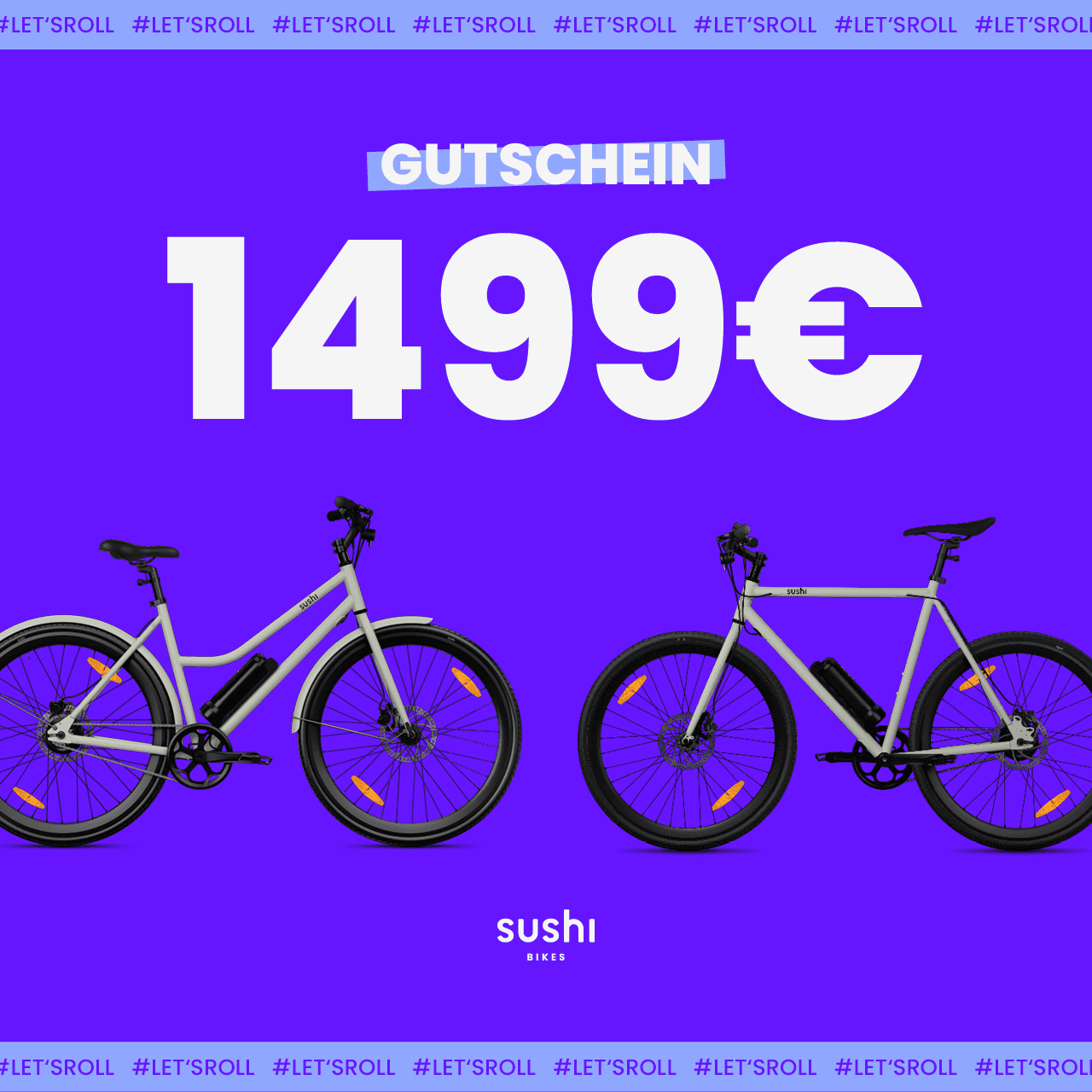 Lila Grafik mit zwei SUSHI BIKES und weißem Schriftzug „Gutschein 1499€“ in Großbuchstaben, darunter SUSHI BIKES Logo